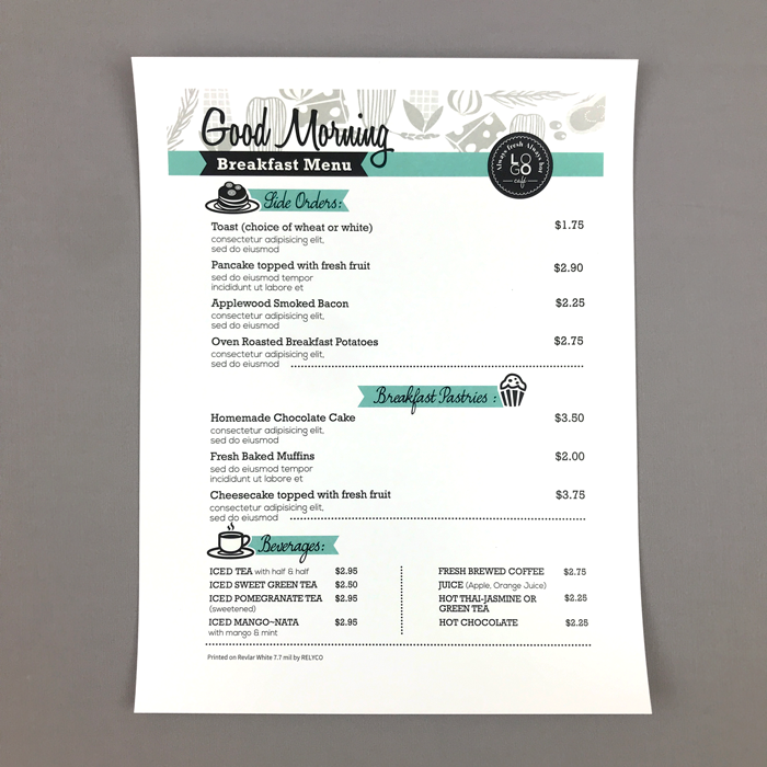 breakfast menu with revlar premium paper